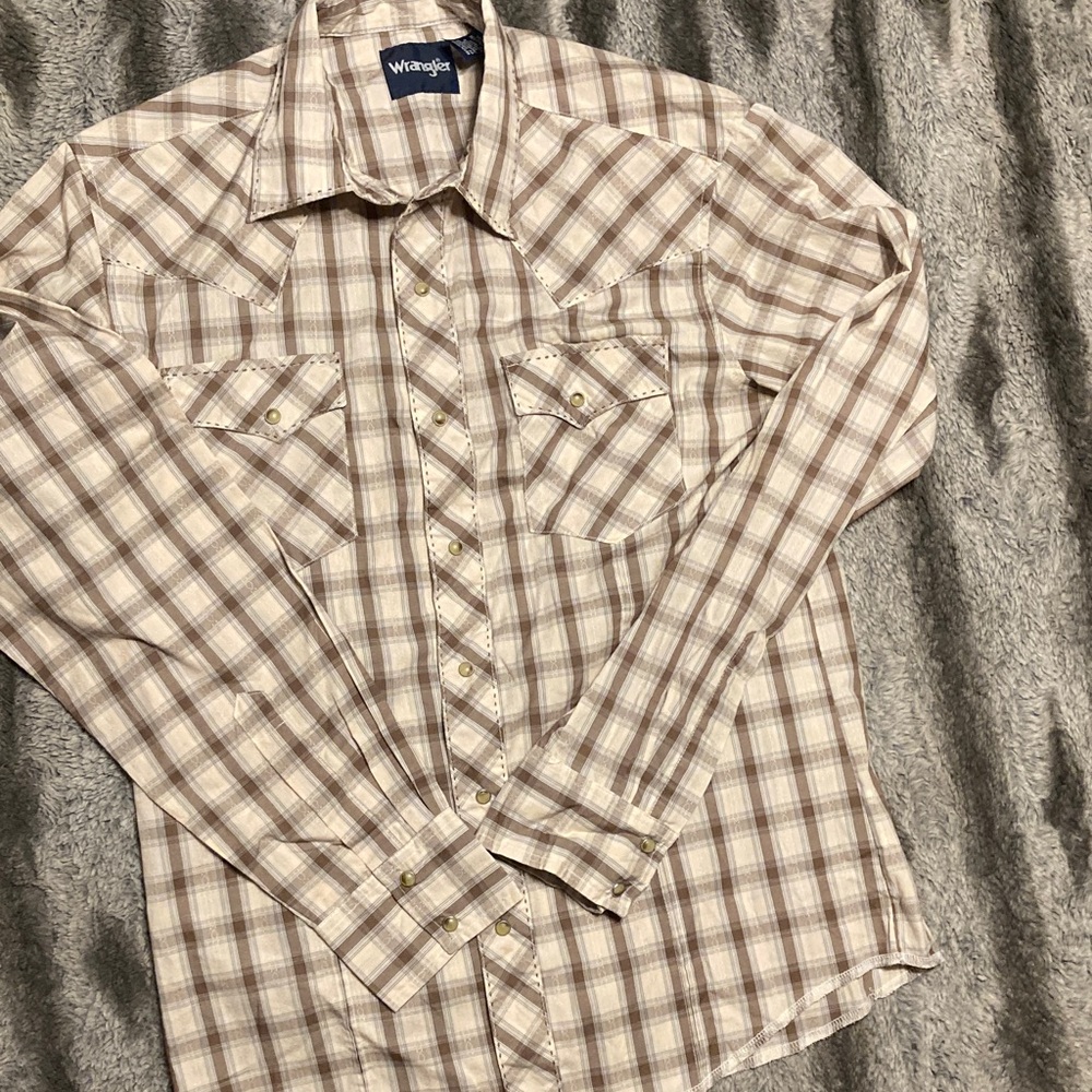 Wrangler Men's Checkered Snap Down Shirt - Brown and Cream
